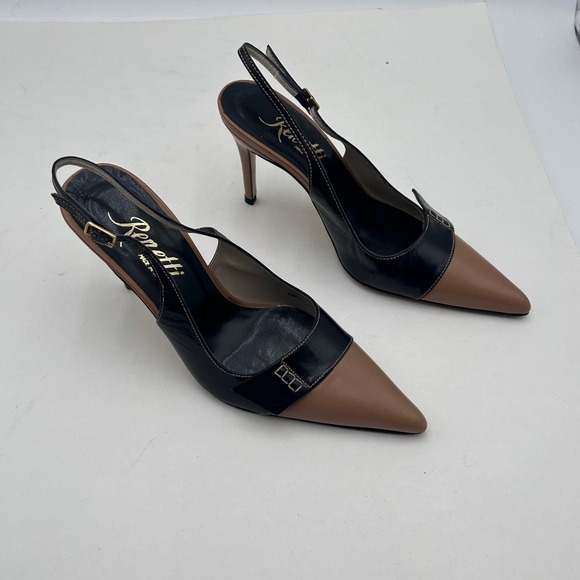Renetti Tan Black Leather Slingback Pointed Toe Heels Women's Size 6.5 M Spain - Picture 9 of 13